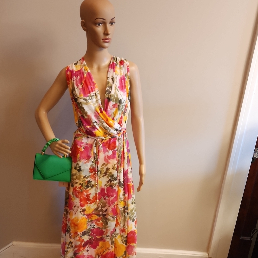 Calvin Klein Vibrant Floral Maxi Dress in Pink, Yellow, Green - Picture 3 of 10